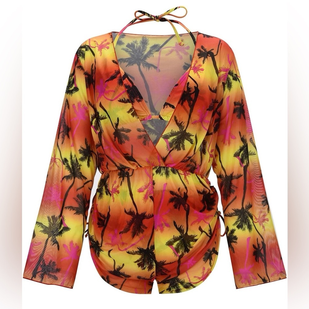 3pc Plus Size Tropical Print Halter Triangle Bikini Set with Cover Up - Picture 8 of 14